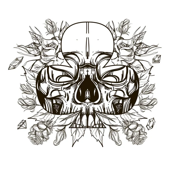 Dibujo Del Contorno Del Cráneo Para Tatuaje Para Pegatinas Impresión — Vector de stock