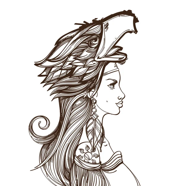 Frau Mit Kopfbedeckung Form Eines Adlerkopfes Isoliert Auf Weißem Hintergrund — Stockvektor