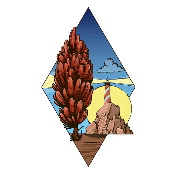 Landscape Red Tree Lighthouse Rock Shape Diamond — Stock Vector