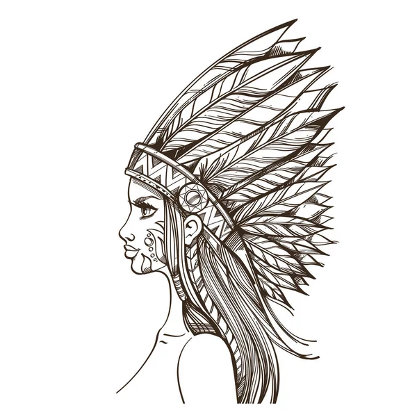 在白色背景下被隔绝的北美洲印地安人头饰的女孩 — 图库矢量图片