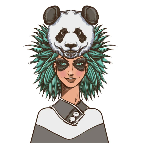 白い背景で隔離のパンダ頭の形をした頭飾りの女 — ストックベクタ