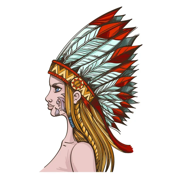 Дівчина Головний Убір Північноамериканському Індіанців Ізольовані Білому Тлі — стоковий вектор