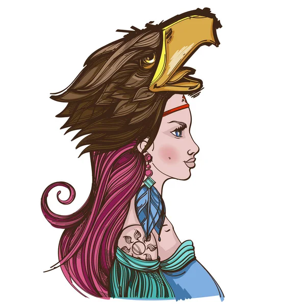 白い背景に分離されたワシの頭の形をした頭飾りの女性 — ストックベクタ