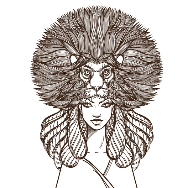 白い背景で隔離のライオン マスクを持つ女性 — ストックベクタ