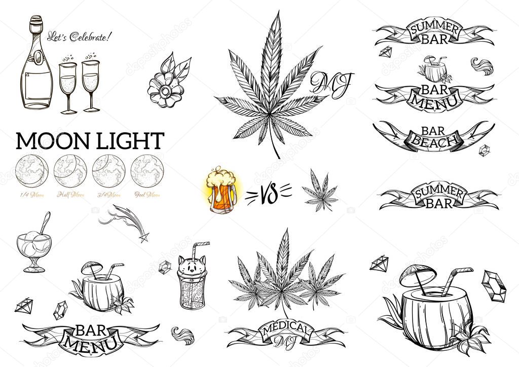 Leaves of marijuana, summer bar, cocktails, drinks, moon