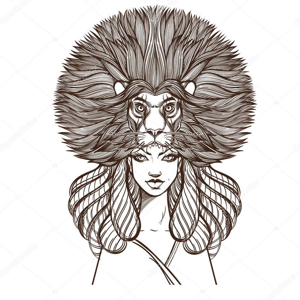 woman with lion mask isolated on white background