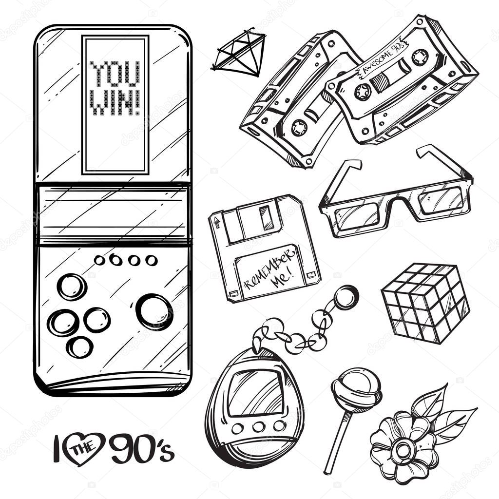 Tetris, audio cassettes, floppy disk, tamagocthi, 3d glasses, Rubiks cube, lollipop on white background