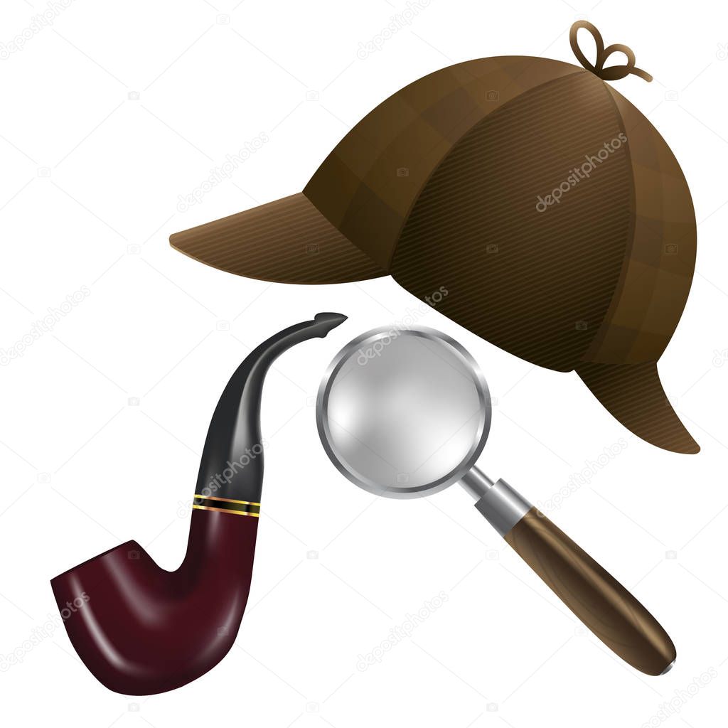 Hat, smoking pipe and magnifier on white background