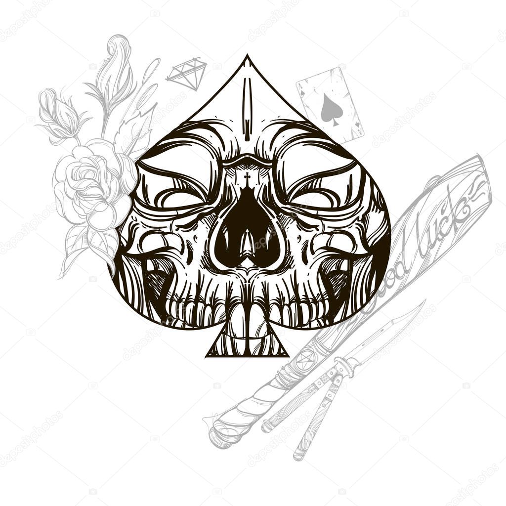 Skull contour sketch for tattoo, for stickers, printing on T-shirts and other items