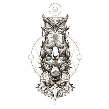 Totem kartal, kurt, tilki ve baykuş. Anahat vektör illüstrasyon izole dövmeler, afiş, T-shirt ve diğer öğeleri üzerinde baskı için beyaz arka plan üzerinde.