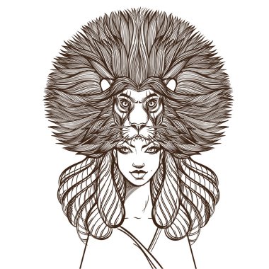 Bir aslan başı şeklinde bir headdress güzel genç kadın. Vektör illüstrasyon izole dövmeler, posterler için beyaz arka plan üzerinde anahat, T-shirt ve diğer öğeleri Yazdır.