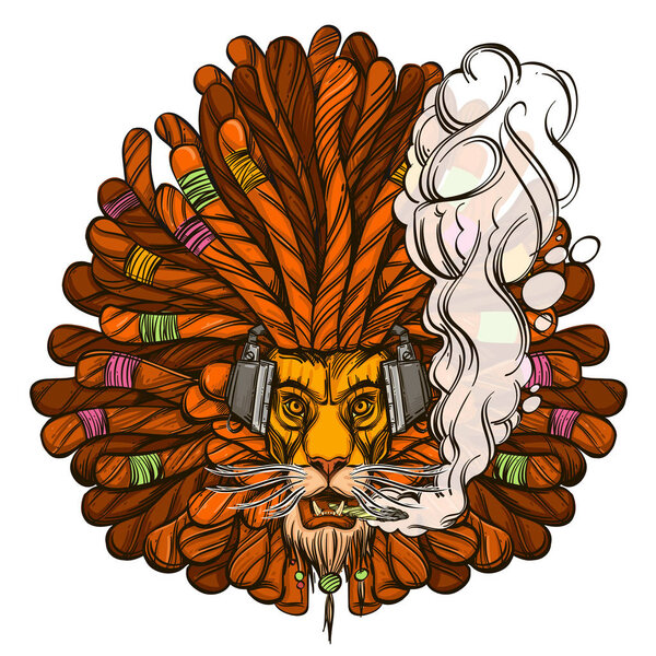The lion is rastaman in headphones and with a cigarette. The symbol of rastafarianism.