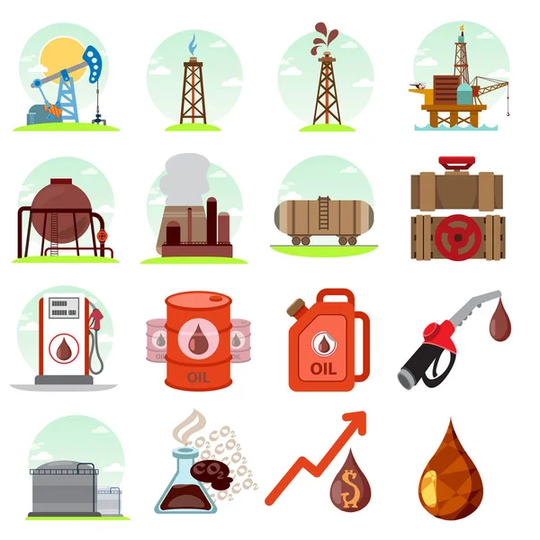 Oil Production Set Icons Theme Energy Resources Minerals — Stock Vector