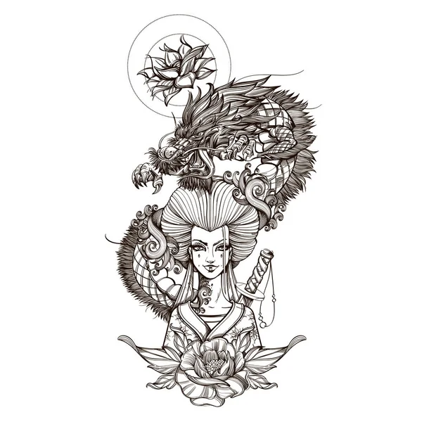 アジアの女性の着物とドラゴンの暗い青い輪郭イメージ ポスターやチラシに白い背景の上の少女侍の美しいテンプレート — ストックベクタ