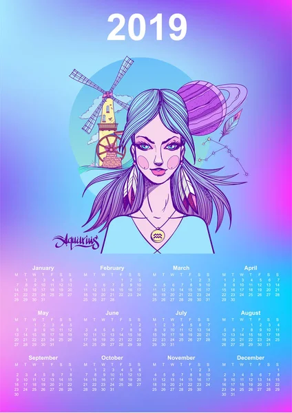 2019 Kalendarz Miesięczny Znaki Zodiaku Wodnik Biuro Prezent — Wektor stockowy