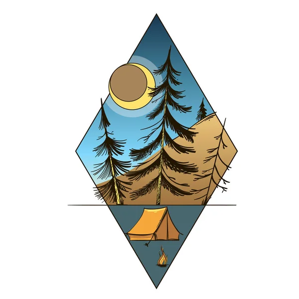 Çam Ağaçları Hilal Çadır Dağlar Gece Yatay Yaz Kampı Kamp — Stok Vektör