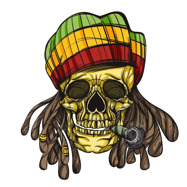 头骨与可怕的头发和香烟在一个拉斯曼贝雷帽 — 图库矢量图片