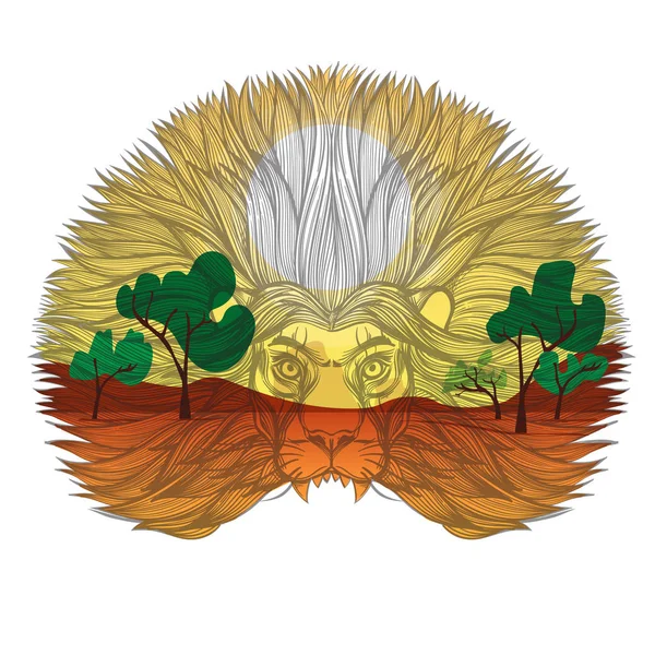Lion Head Krajobrazie Afrykańskiego Safari Ilustracja Wektorowa Druku Shirty Tatuaże — Wektor stockowy
