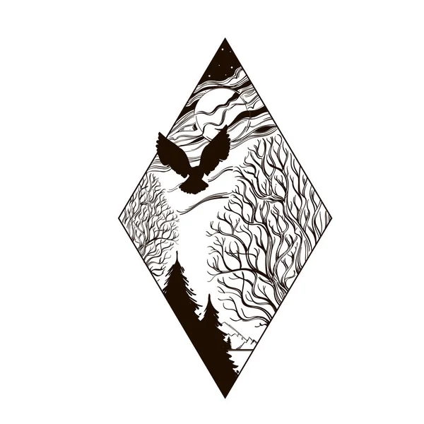 Τοπίο Πανσέληνο Δέντρα Και Κουκουβάγια Σχήμα Διαμαντιού Μαγικό Δάσος Εικονογράφηση — Διανυσματικό Αρχείο