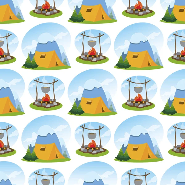 Seamless pattern with illustrations on the theme of an active lifestyle, tourism, recreation in a camping.