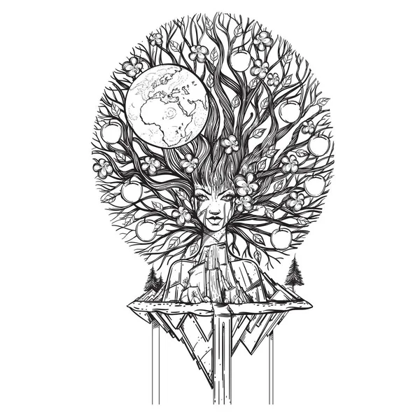 地球のシンボル ツリーの形の髪と幻想的な女性 大地の女神 タトゥーのスケッチ — ストックベクタ
