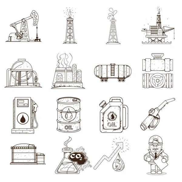 Producción Petróleo Conjunto Iconos Sobre Tema Los Recursos Energéticos Minerales — Archivo Imágenes Vectoriales