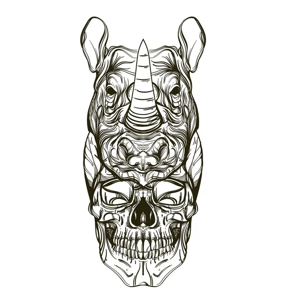 带着犀牛面具的头骨 在白色背景上查出的轮廓向量例证为纹身 打印在 T恤和其他项目 — 图库矢量图片