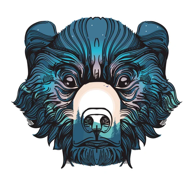 Głowa Niedźwiedzia Nocny Krajobraz Lasu Ilustracja Wektorowa Nadruki Shirty Tatuaże — Wektor stockowy