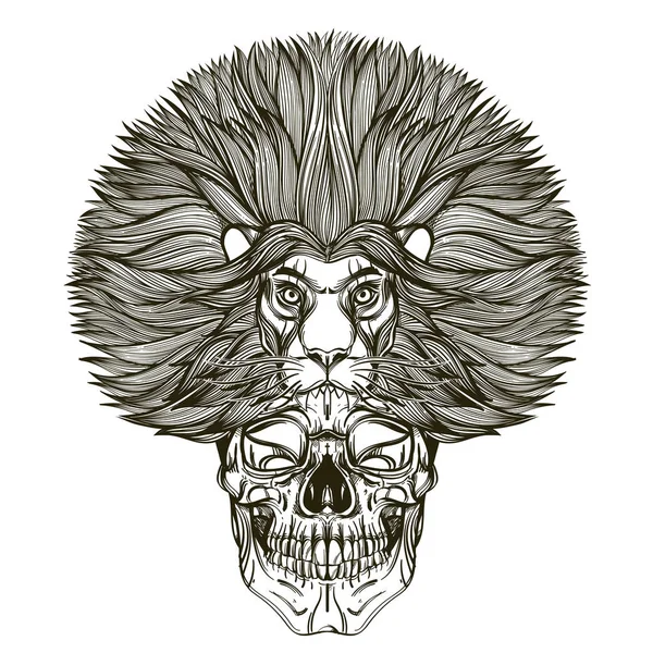 Crâne Avec Masque Lion Illustration Vectorielle Contour Isolée Sur Fond — Image vectorielle