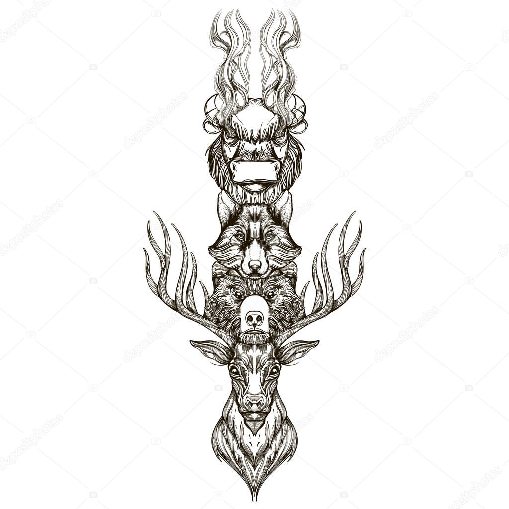 Totem deer, bear, wolf and buffalo. Outline vector illustration isolated on white background for tattoos, posters, printing on T-shirts and other items.
