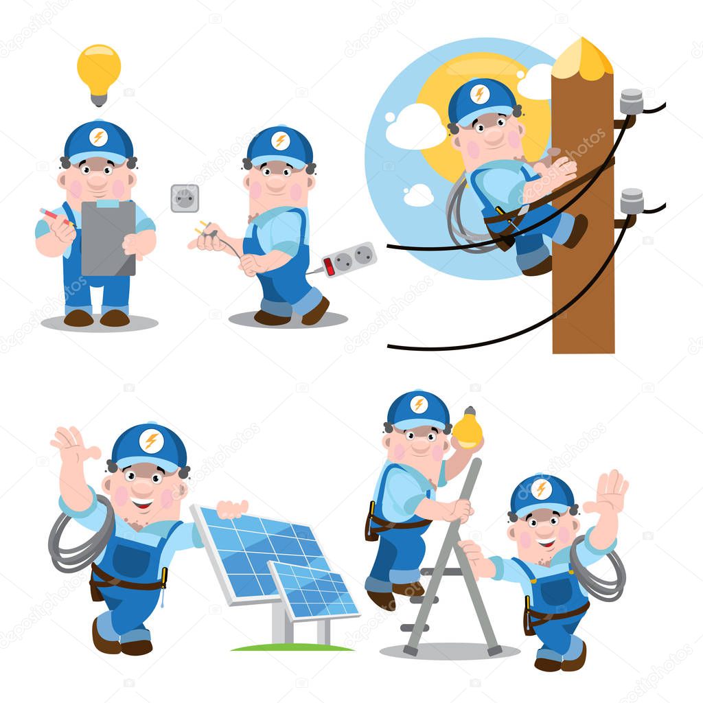 A set of funny cartoon characters of electricians. A man working in a blue uniform.