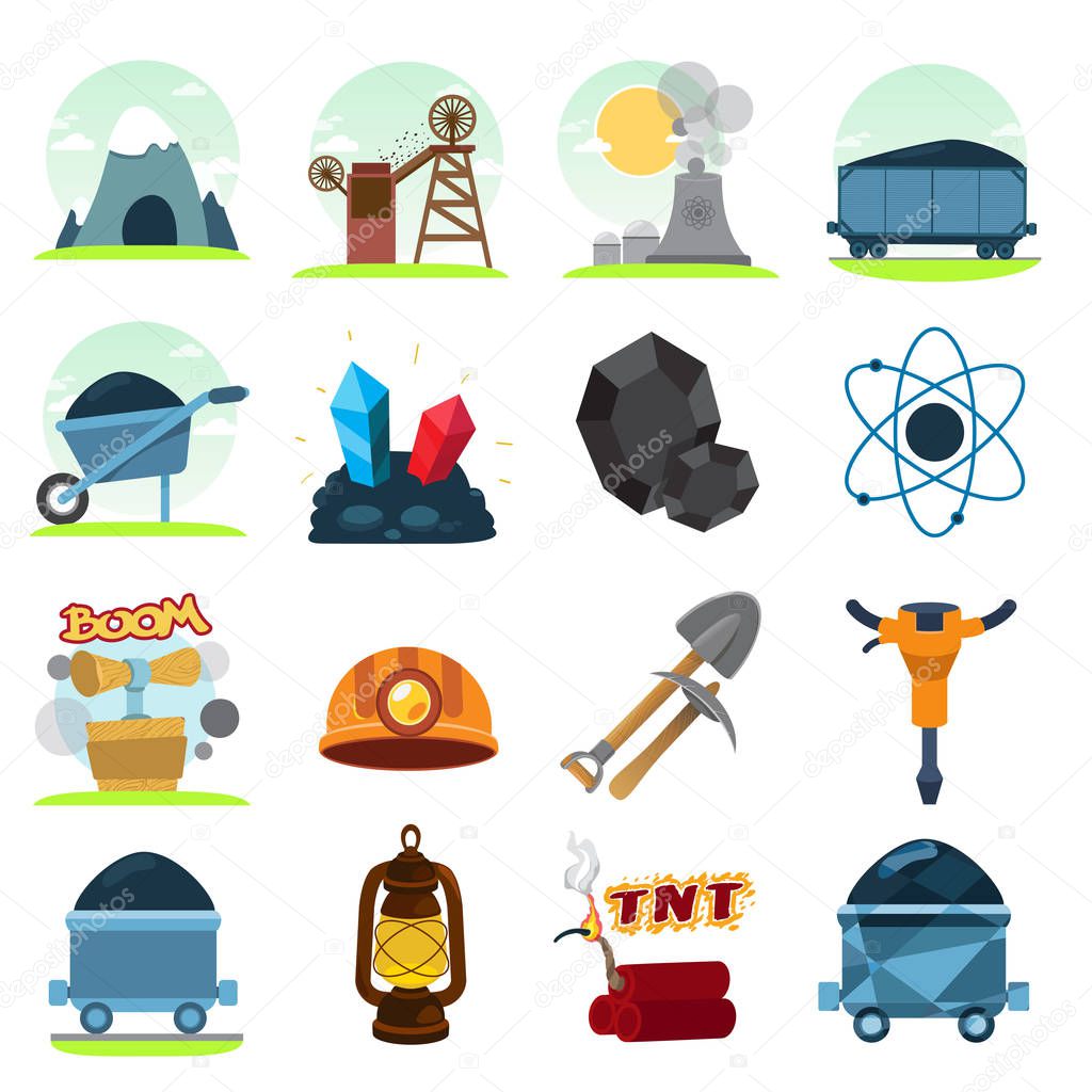 Coal mining. A set of icons on the theme of energy resources and minerals.
