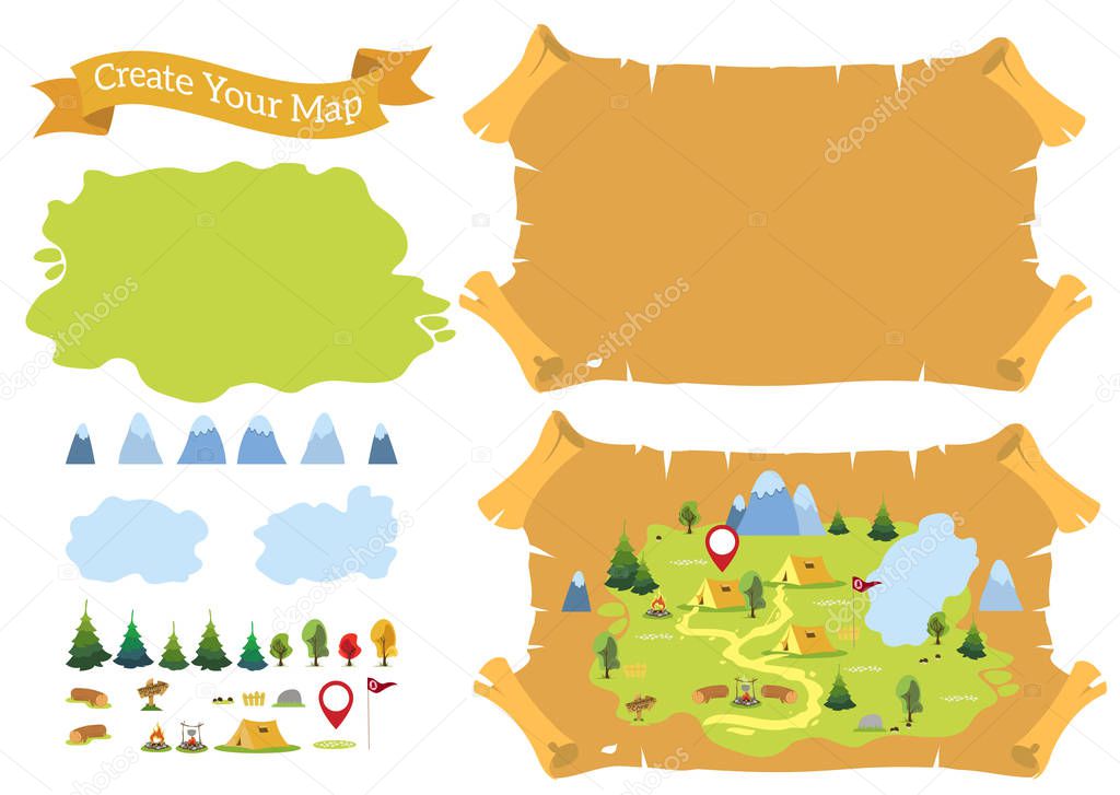 Set for creating a map. Template for tourism, camping, travel.