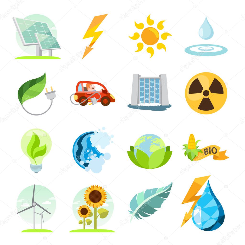 Types of energy. A set of icons on the theme of energy resources and minerals.