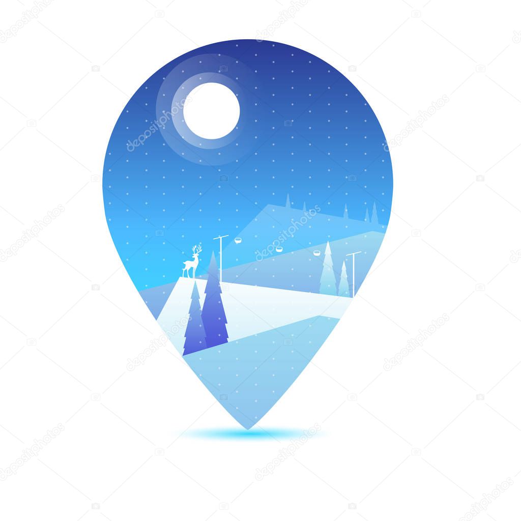 Map pointer with mountain winter landscape. Ski resort. ?oncept of travel and recreation. Vector illustration isolated on white background.