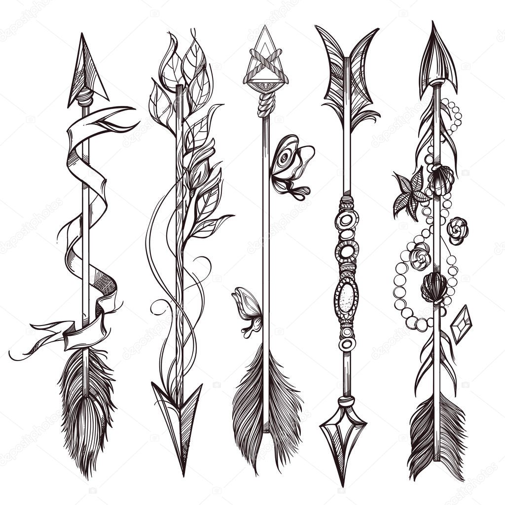 Set of arrows. Decorative design element in Boho style. Outline vector illustration isolated on white background.