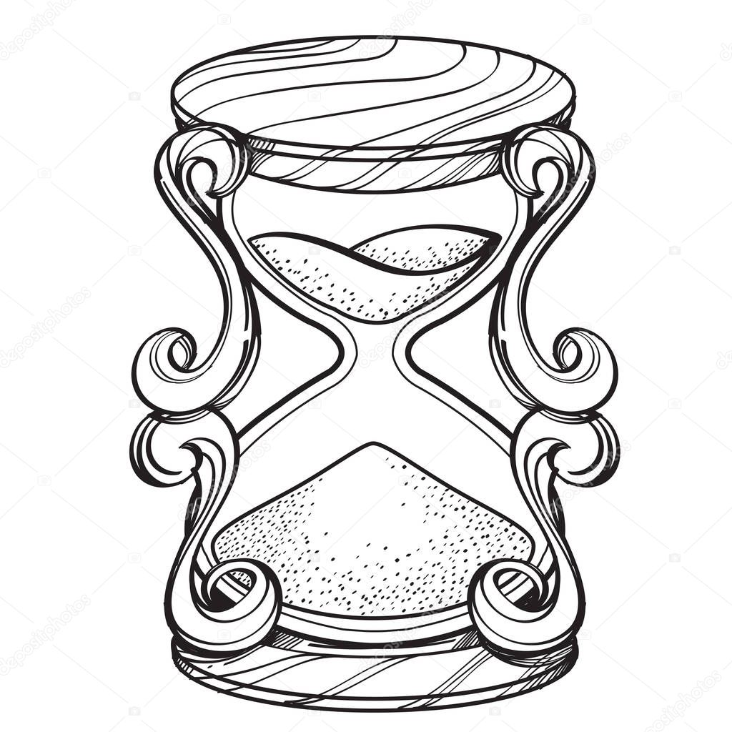 A vintage hourglass contour illustration for coloring. Template 