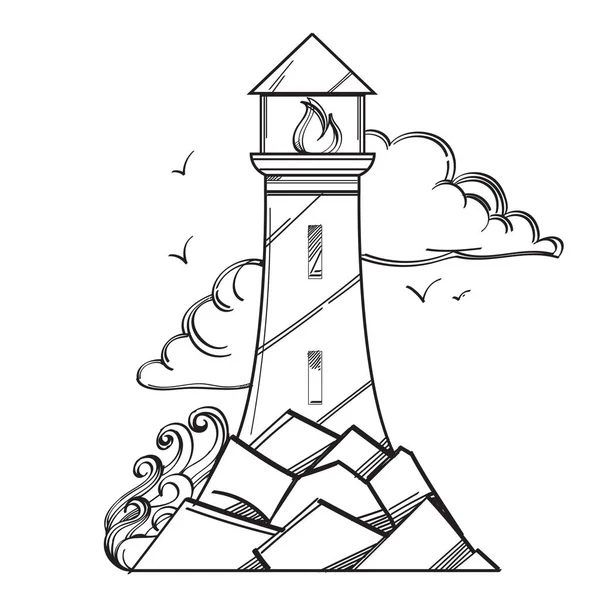 Vuurtoren illustratie om in te kleuren. Sjabloon voor tattoo. — Stockvector