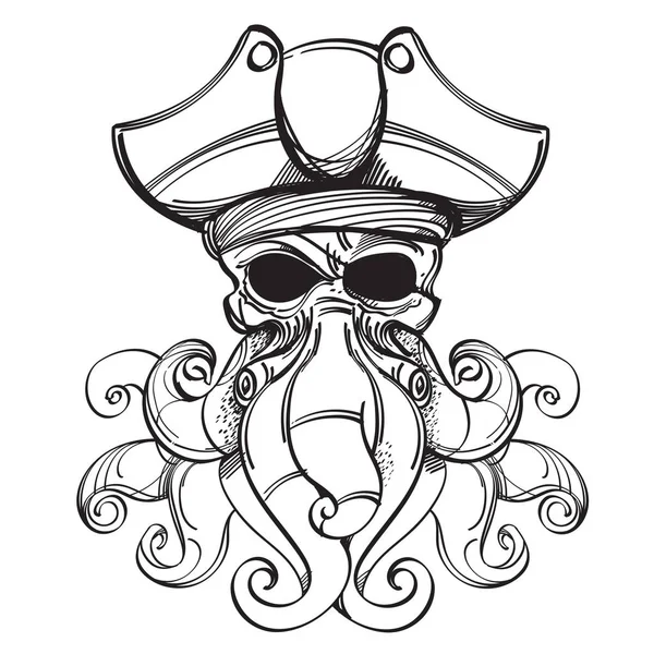 Big Octopus dans une illustration de chapeau de pirate armé pour la coloration. Te — Image vectorielle