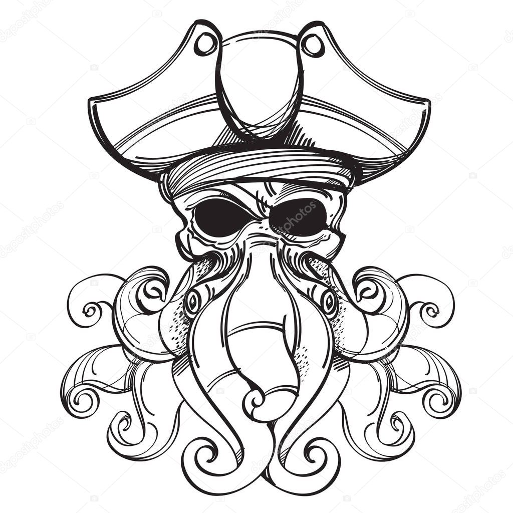 Big Octopus in a pirate cocked hat illustration for coloring. Te
