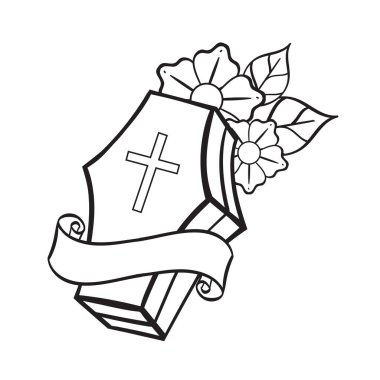 Coffin contour illustration for coloring. Template for tattoo. clipart