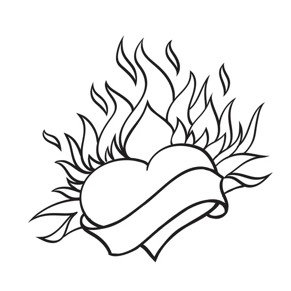 Coração estilizado em fogo e banner-fita ilustração para colorir — Vetor de Stock