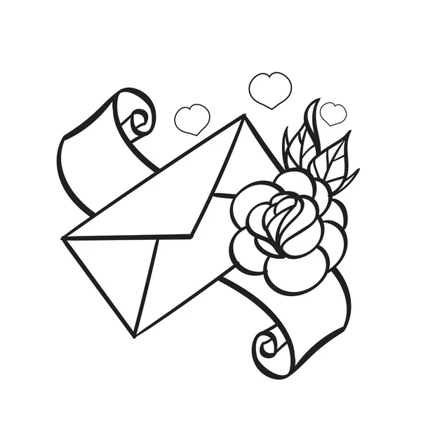 Kuvert, blomma illustration för färgläggning. Mall för tatuering. — Stock vektor