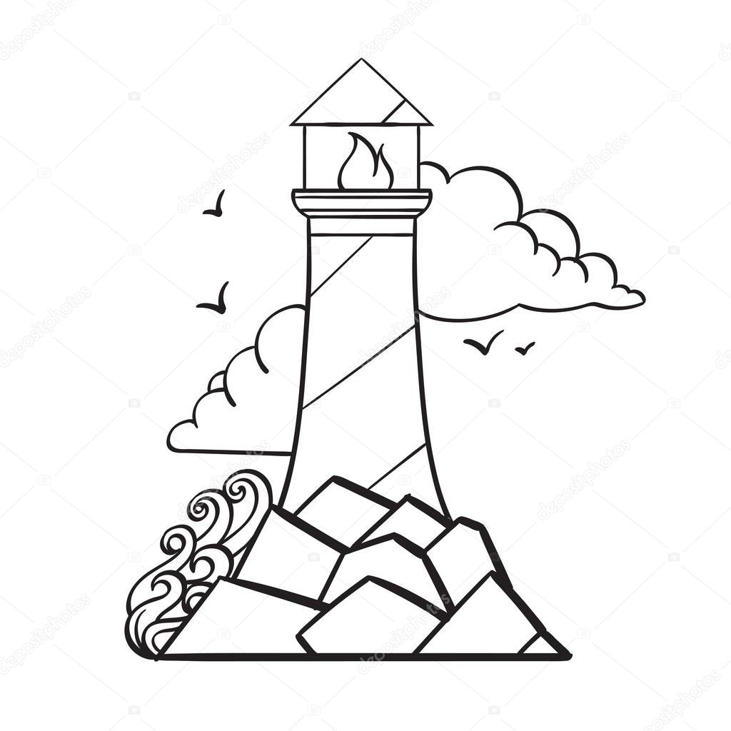 Lighthouse illustration for coloring. Template for tattoo.