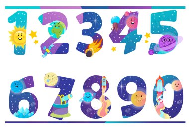 Set of numbers with space and planets of the solar system. Decorative element for design of children's posters, stickers and more. clipart