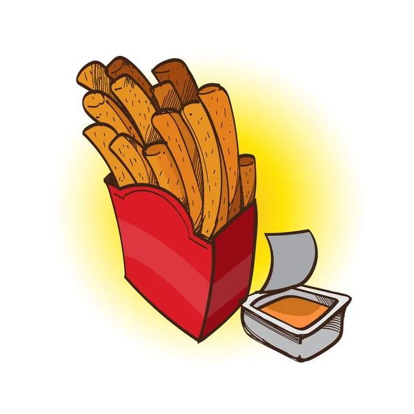 Pommes in roter Schachtel und offener Soße. Fast Food. — Stockvektor