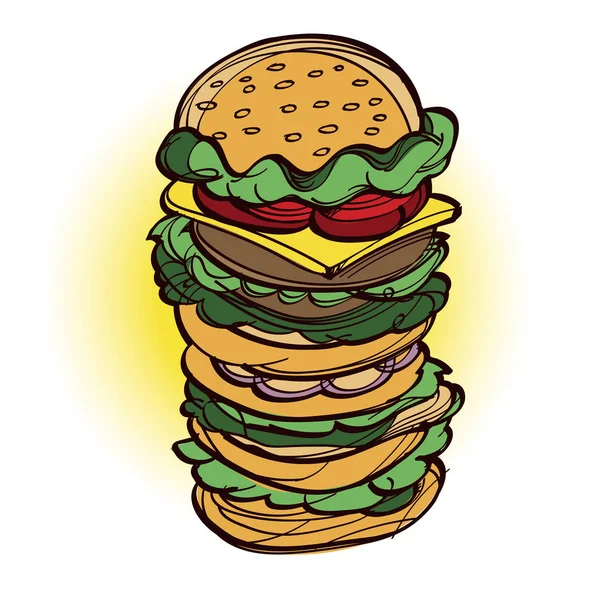 Un grand hamburger dans le style du dessin à la main. Restauration rapide . — Image vectorielle