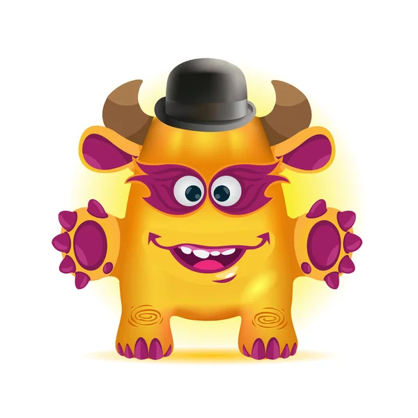 Lindo Monstruo Amigable Color Amarillo Púrpura Con Cuernos Sombrero Jugador — Vector de stock