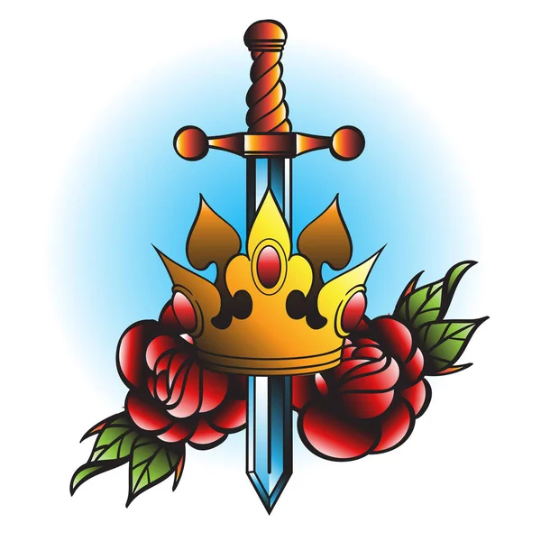 Espada Corona Dorada Dos Flores Ilustración Estilo Tatuaje Vieja Escuela — Vector de stock