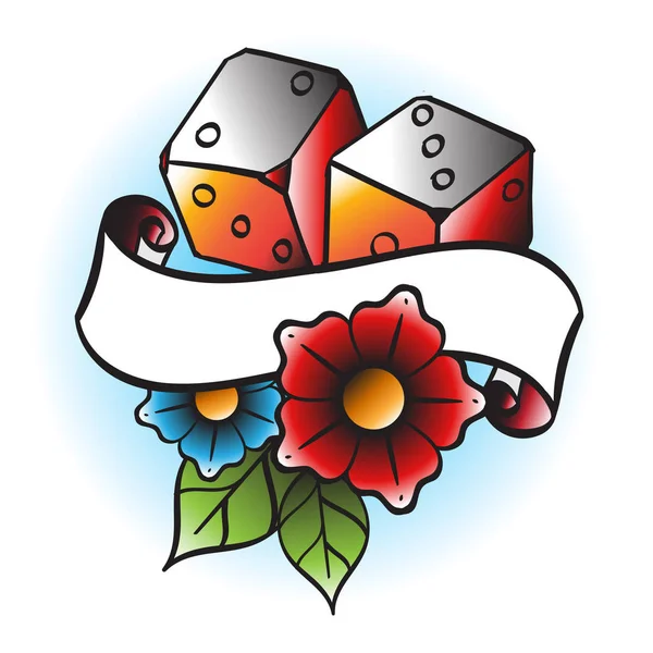 Ilustracja Kości Kwiaty Banner Wstążki Stylu Starej Szkoły Tattoo — Wektor stockowy